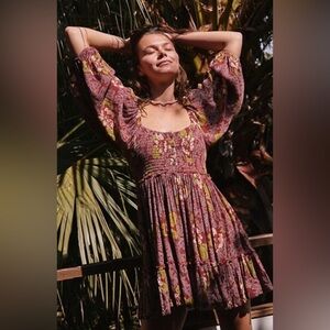 Free People Summer Picnic Printed Mini Dress Floral in Raisin Combo SZ S/P